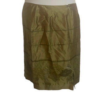 KELLY & DIANE chartreuse green beaded embroidered slit 100% silk skirt 10